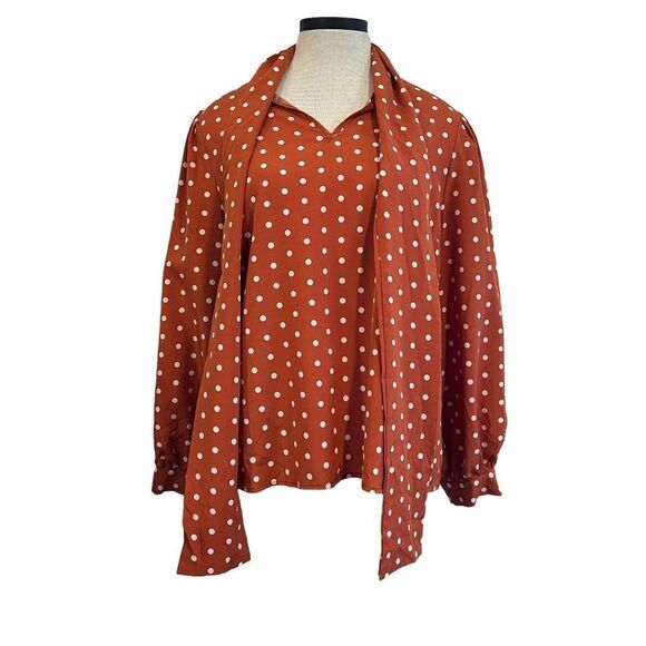 Orange and white polka dot tie neck long sleeve blouse size 2x vintage style - Picture 3 of 8